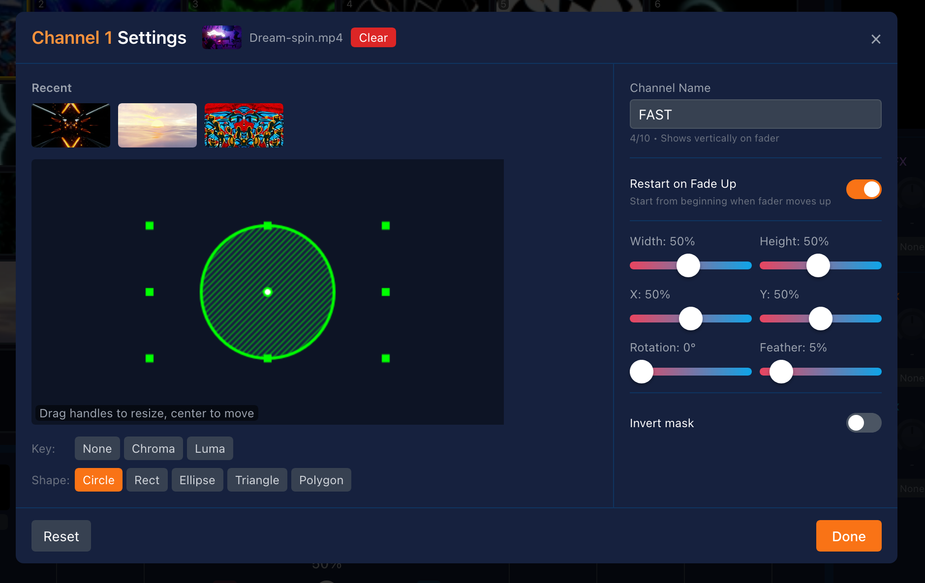 Channel settings panel showing recent videos, mask/key settings, and channel options