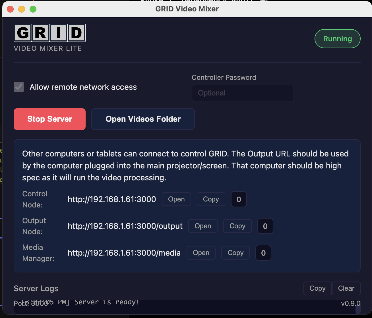 GRID Server Launcher showing Control Node, Output Node, and Media Manager URLs with status