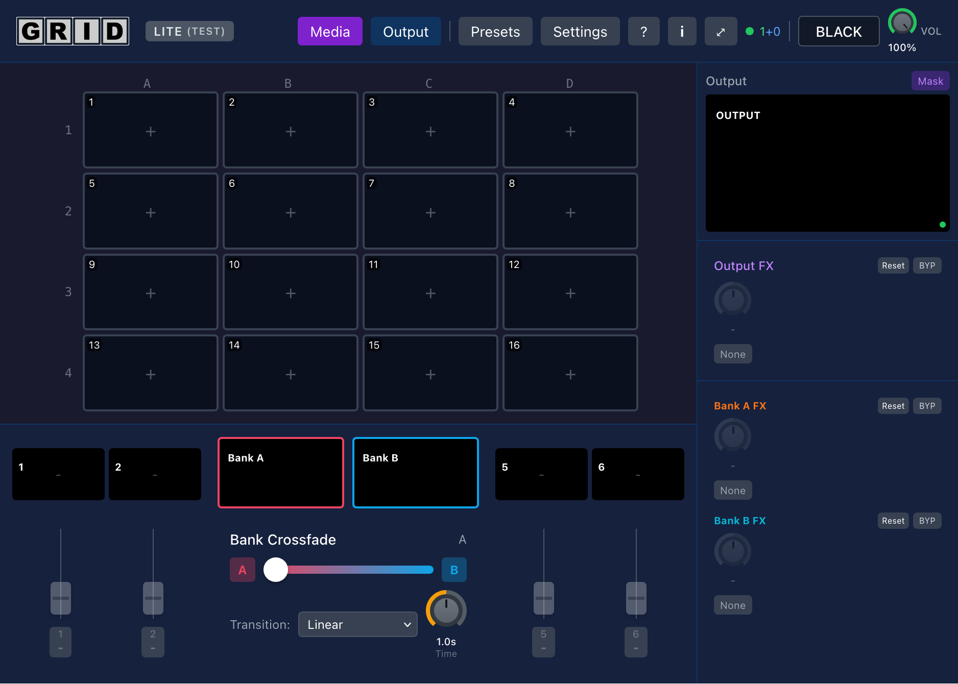 GRID Lite free edition interface with 2 channels per bank and basic effects