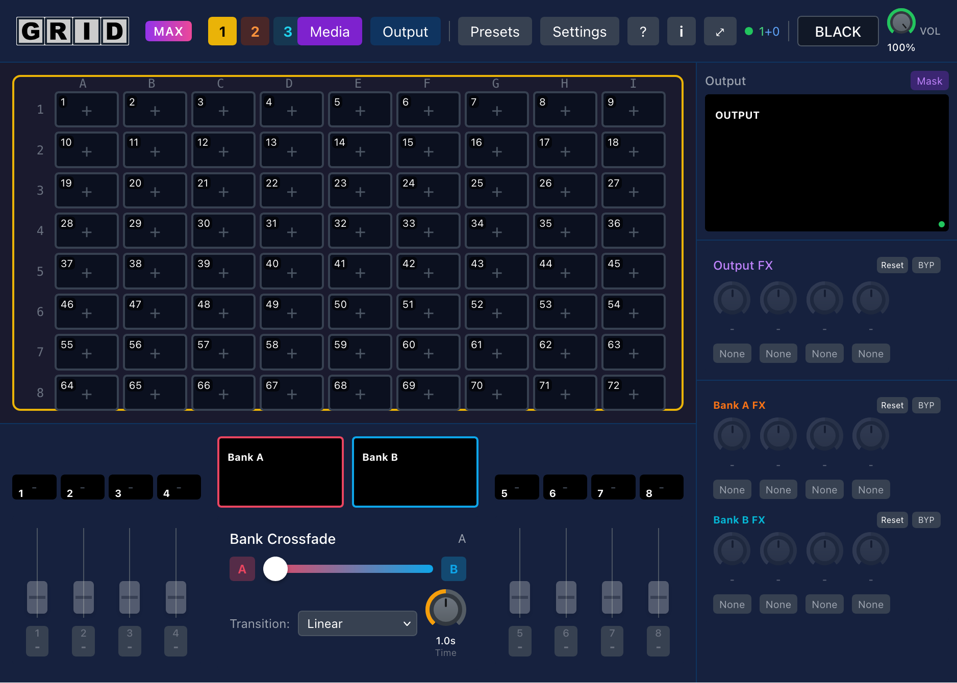 GRID Max full edition interface with 4 channels per bank, advanced effects, and masking