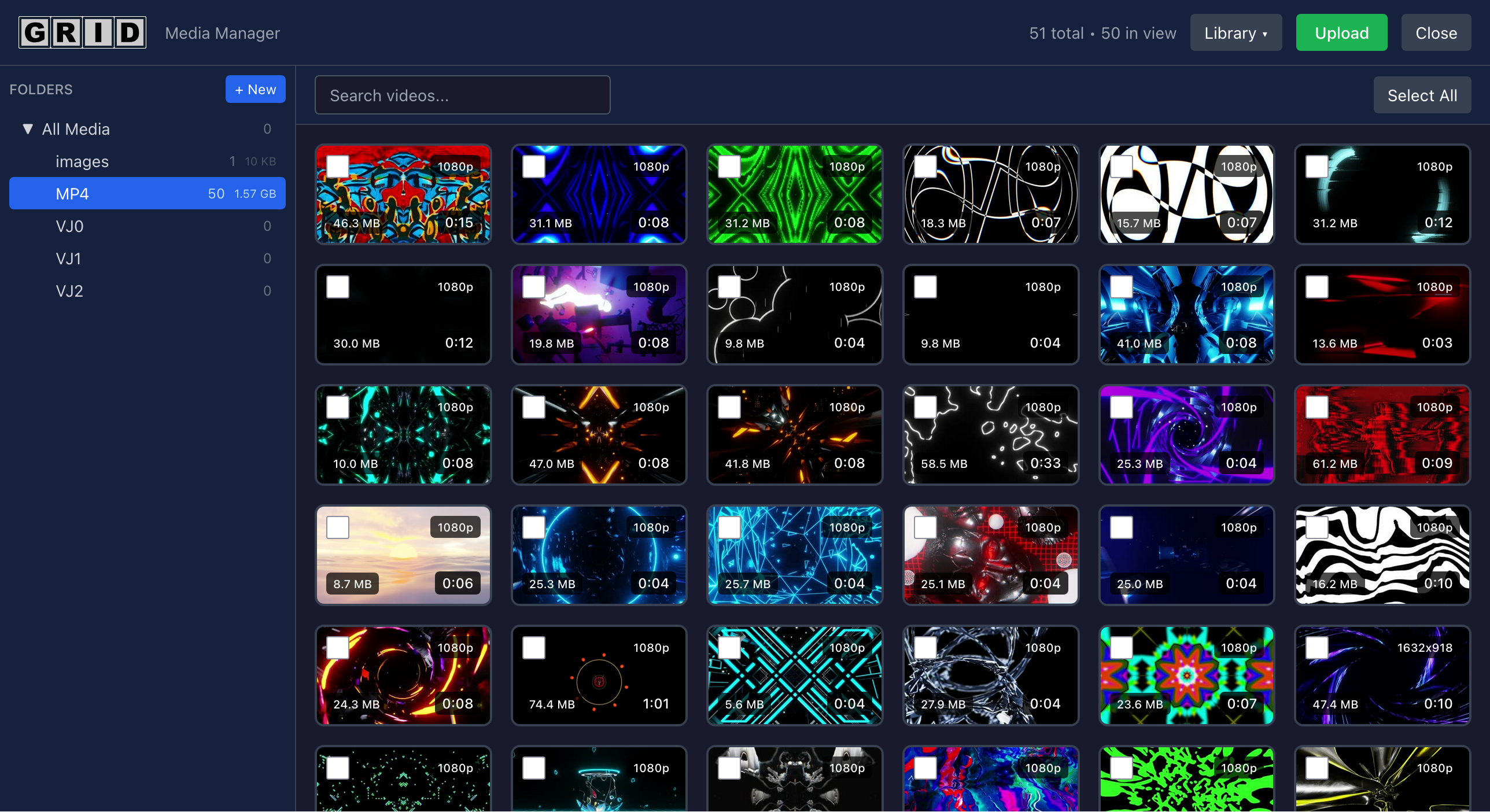 GRID media library with video thumbnails organized in folders